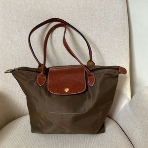 Longchamp medium khaki and brown compact-able handbag
